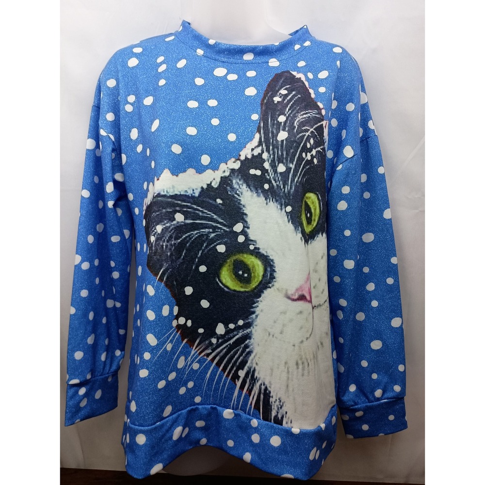 blue white dot snow animal black kitty cat mobwife pullover graphic sweatshirt M